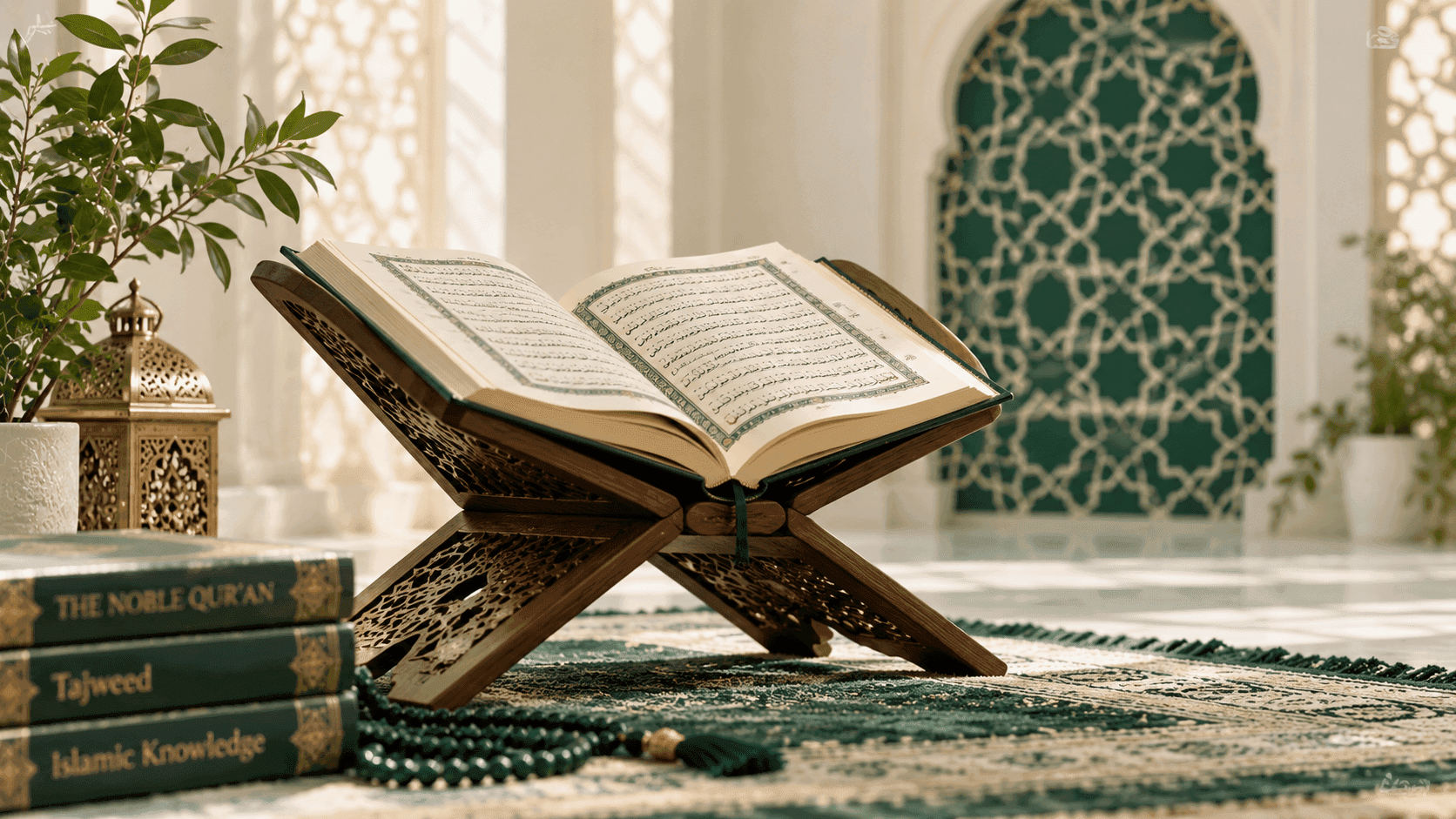 Open Quran on a wooden rehal for beginner Quran learning